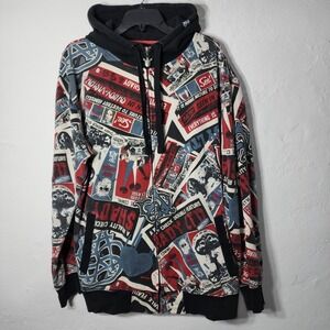 Shady Ltd Zip Hoodie Large Multicolor Graphic Print Thermal Lined Y2K Distressed